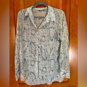 Neiman Marcus Blouse with Snakeskin print. Blue, cream and white.